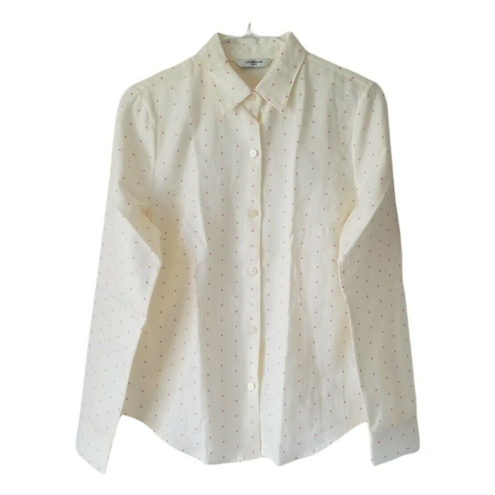 Liz Claiborne Womans Size 4 Blouse Top Shirt Long Sleeve Button Front Polka Dots